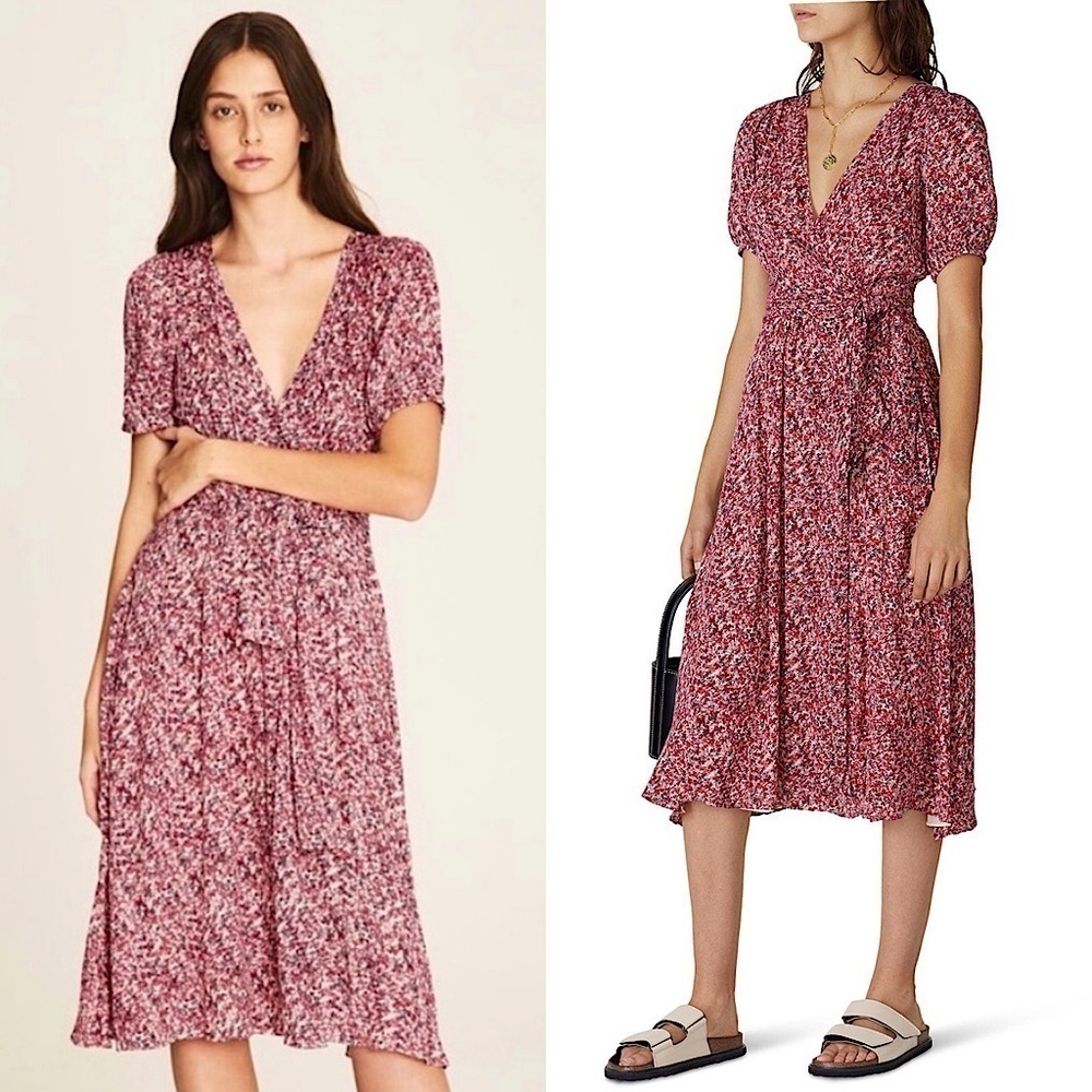BA&SH Dot Print Crepe Puff Short‎ Sleeve V-Neck 70s Wrap Tie Waist Midi Dress 4